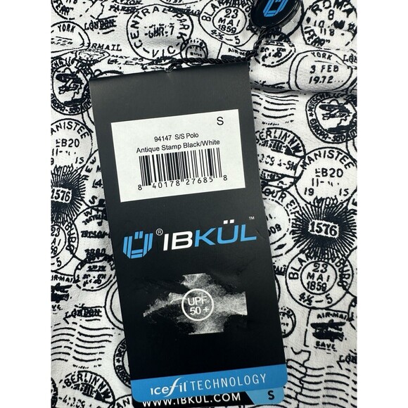 Ibkul Polo Shirt Mens Small White Black Antique Stamp Postmark AOP Icefil UPF - Picture 3 of 7